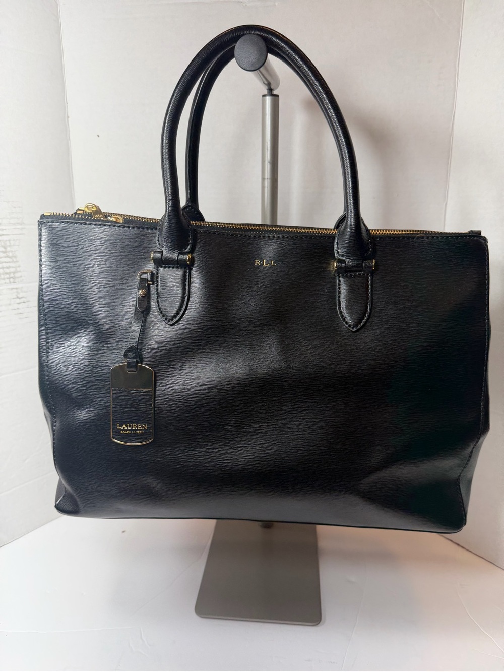 Lauren Ralph Lauren Black Leather Satchel with Gold Accents with strap
